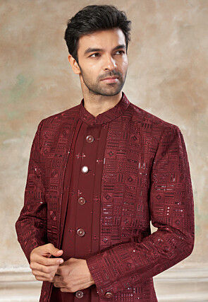 Embroidered Art Silk Jacket Style Sherwani in Maroon