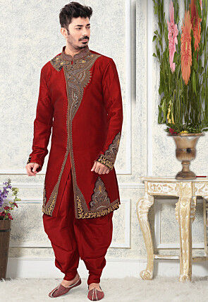 Embroidered Art Silk Sherwani in Maroon