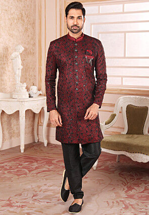 Embroidered Art Silk Sherwani in Maroon