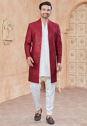 Embroidered Art Silk Sherwani in Maroon