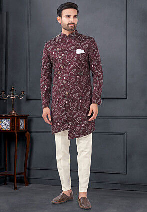 Embroidered Art Silk Asymmetric Sherwani in Maroon