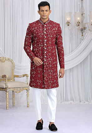 Embroidered Art Silk Sherwani in Maroon