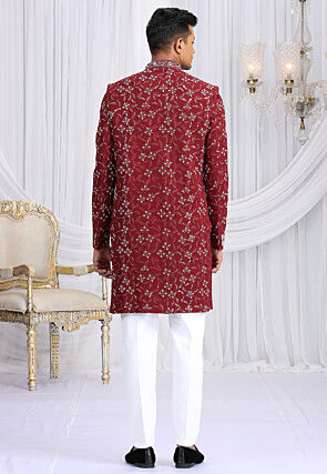 Embroidered Art Silk Sherwani in Maroon