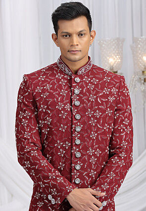 Embroidered Art Silk Sherwani in Maroon