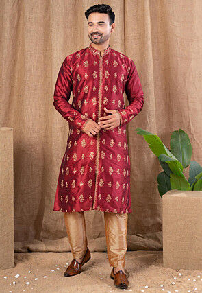 Embroidered Art Silk Sherwani in Maroon