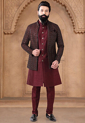 Embroidered Art Silk Sherwani in Maroon