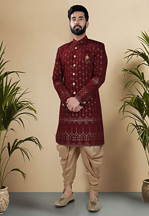 Embroidered Art Silk Sherwani in Maroon