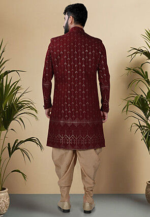 Embroidered Art Silk Sherwani in Maroon