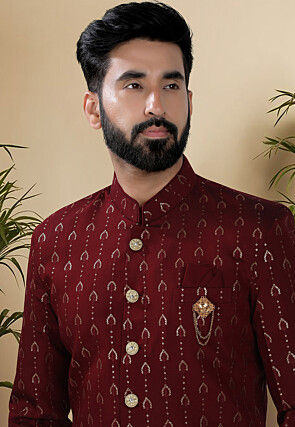 Embroidered Art Silk Sherwani in Maroon