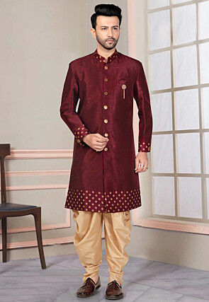 Embroidered Art Silk Sherwani in Maroon