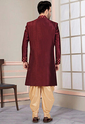 Embroidered Art Silk Sherwani in Maroon