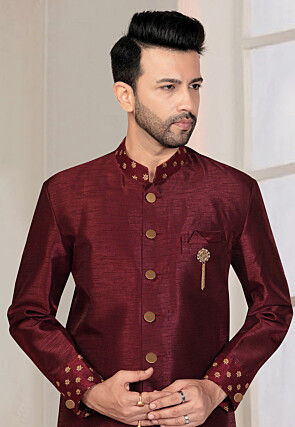 Embroidered Art Silk Sherwani in Maroon