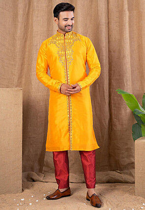 Embroidered Art Silk Sherwani in Mustard