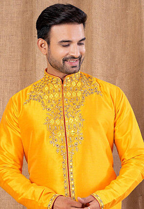 Embroidered Art Silk Sherwani in Mustard