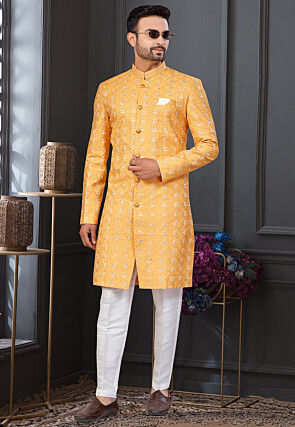 Embroidered Art Silk Sherwani in Mustard
