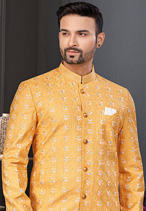Embroidered Art Silk Sherwani in Mustard