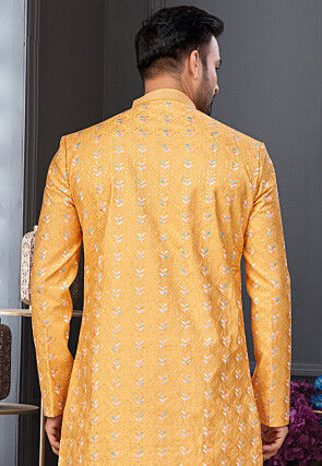 Embroidered Art Silk Sherwani in Mustard