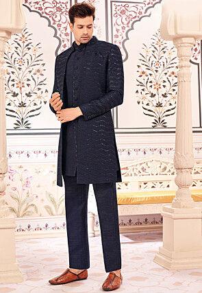 Embroidered Art Silk Sherwani in Navy Blue