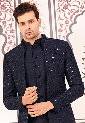 Embroidered Art Silk Sherwani in Navy Blue