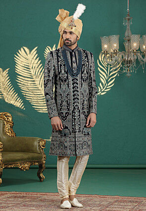 Embroidered Art Silk Sherwani in Navy Blue