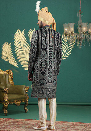 Embroidered Art Silk Sherwani in Navy Blue