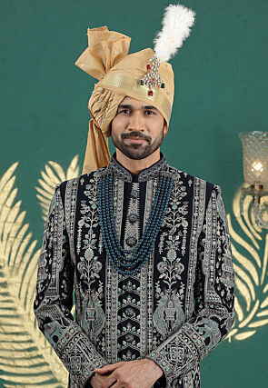 Embroidered Art Silk Sherwani in Navy Blue