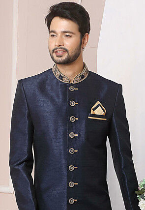 Embroidered Art Silk Sherwani in Navy Blue