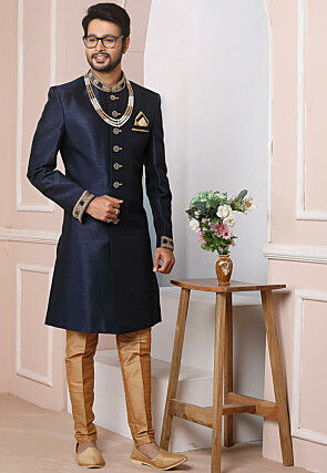 Embroidered Art Silk Sherwani in Navy Blue