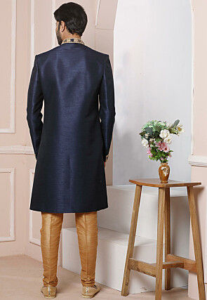 Embroidered Art Silk Sherwani in Navy Blue