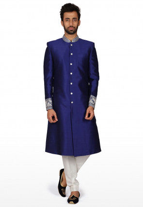 Embroidered Art Silk Sherwani in Navy Blue