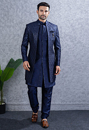 Embroidered Art Silk Sherwani in Navy Blue