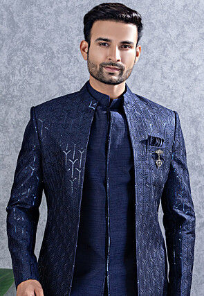 Embroidered Art Silk Sherwani in Navy Blue
