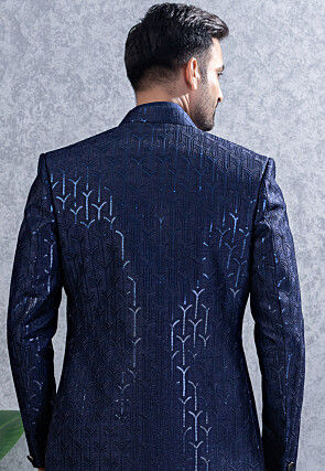 Embroidered Art Silk Sherwani in Navy Blue