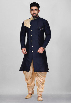 Embroidered Art Silk Sherwani in Navy Blue