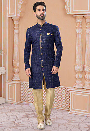 Embroidered Art Silk Sherwani in Navy Blue