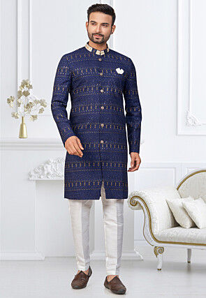 Embroidered Art Silk Sherwani in Navy Blue