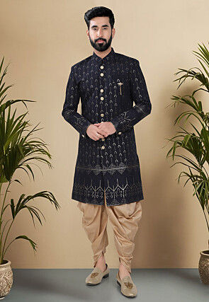 Embroidered Art Silk Sherwani in Navy Blue