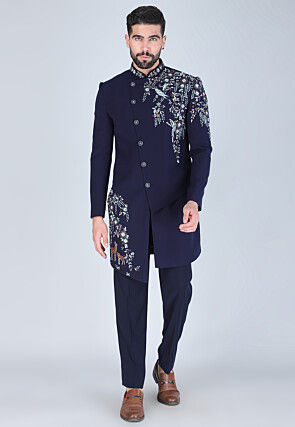 Embroidered Art Silk Sherwani in Navy Blue