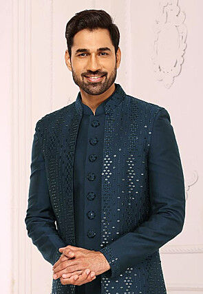 Embroidered Art Silk Sherwani in Navy Blue