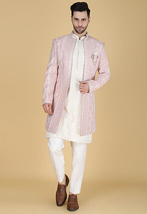 Embroidered Art Silk Sherwani in Off White and Pink