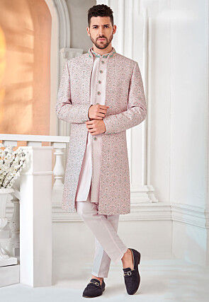 Embroidered Art Silk Sherwani in Off White