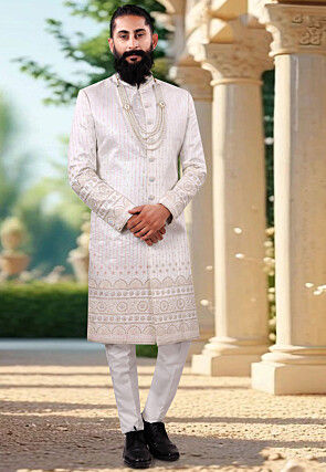Embroidered Art Silk Sherwani in Off White