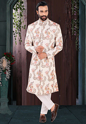 Embroidered Art Silk Sherwani in Off White