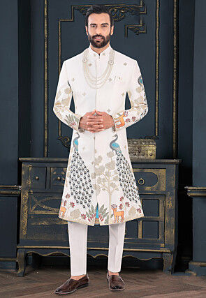 Embroidered Art Silk Sherwani in Off White