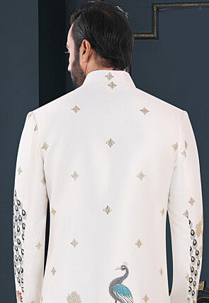 Embroidered Art Silk Sherwani in Off White