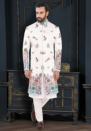 Embroidered Art Silk Sherwani in Off White