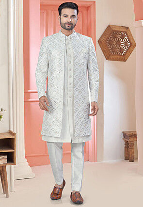 Embroidered Art Silk Sherwani in Off White