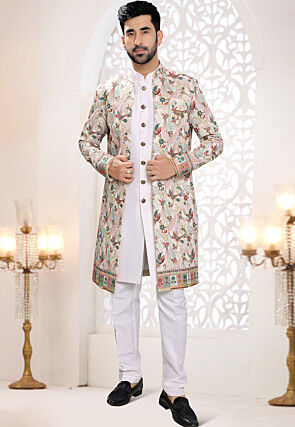 Embroidered Art Silk Sherwani in Off White