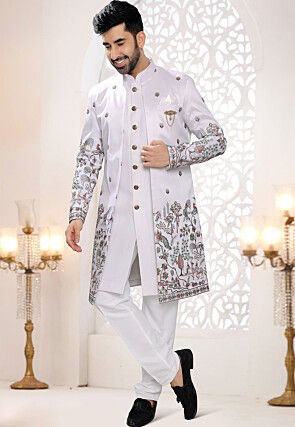 Embroidered Art Silk Sherwani in Off White