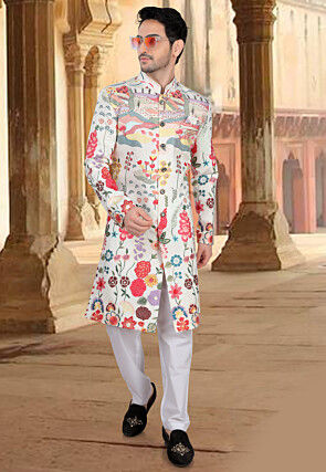 Embroidered Art Silk Sherwani in Off White